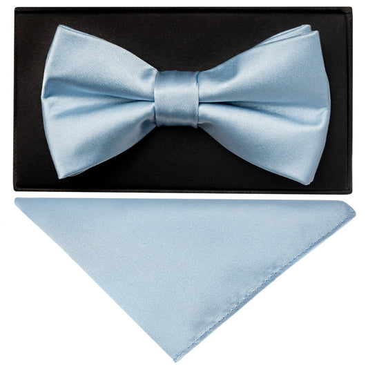 Plain Light Blue Hand Made Mens Bow Tie And Pocket Square Set 1