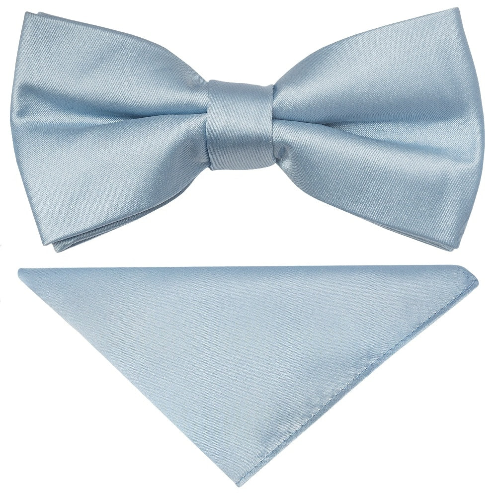 Pre Tied Light Blue Satin Boys Bow Tie And Pocket Square Set 1
