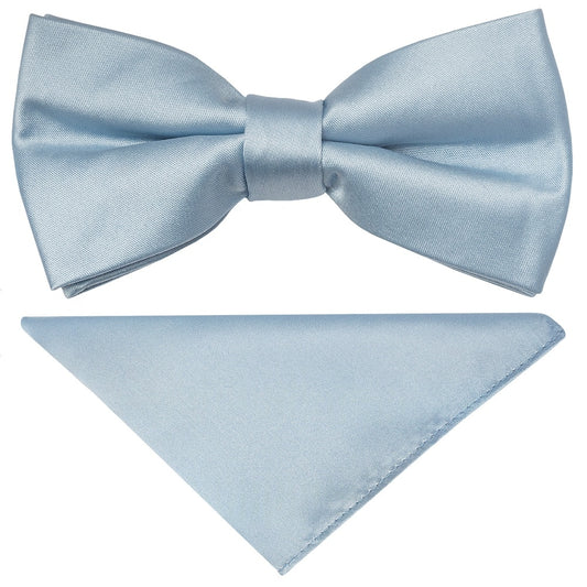 Pre Tied Light Blue Satin Boys Bow Tie And Pocket Square Set 1