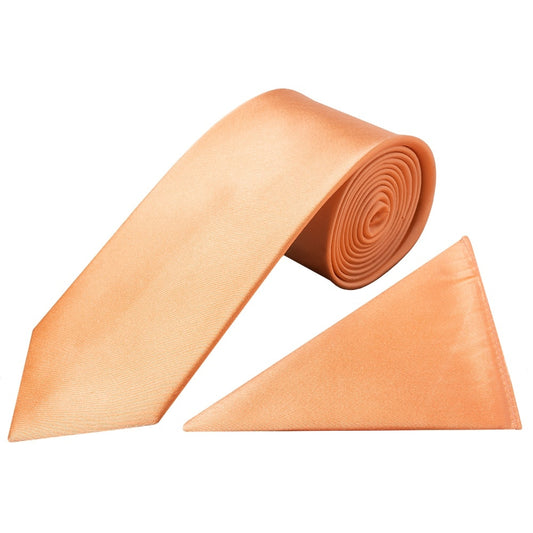 Plain Peach Satin Silk Classic Mens Tie And Pocket Square Set 1
