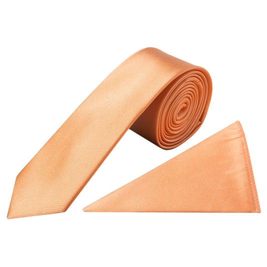 Plain Peach Satin Silk Skinny Mens Tie And Pocket Square Set 1