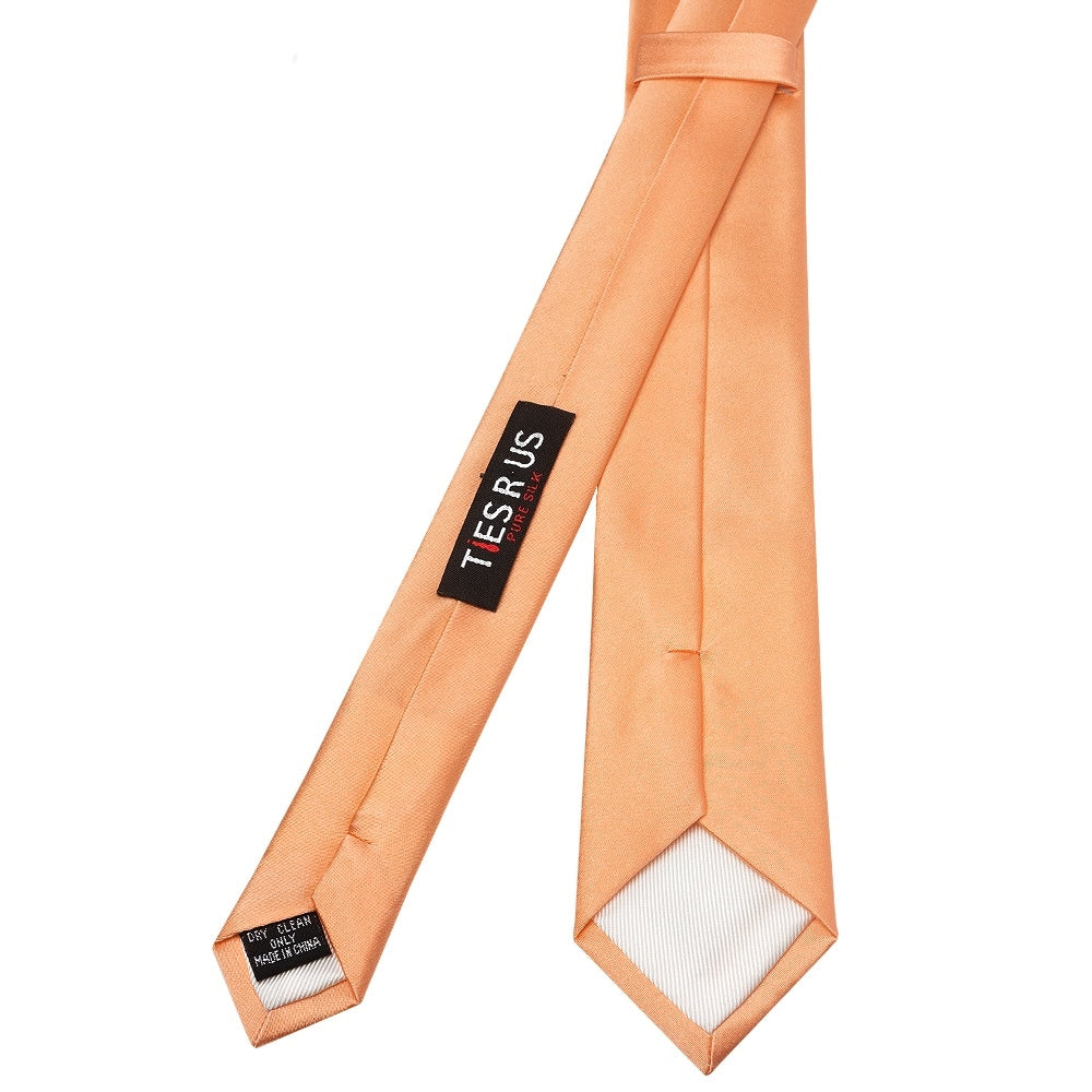 Plain Peach Satin Silk Skinny Mens Tie And Pocket Square Set 4