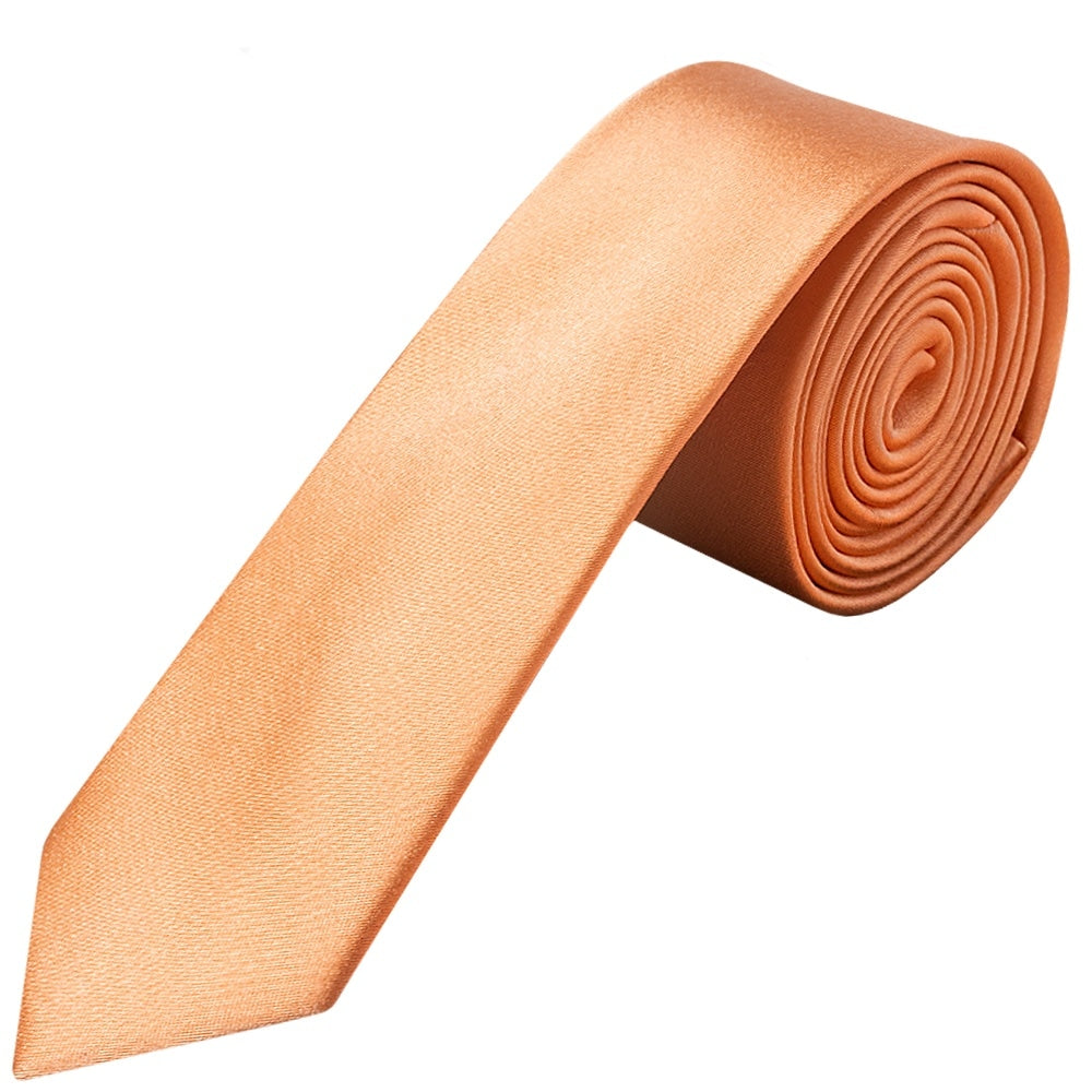 Plain Peach Satin Silk Skinny Mens Tie 1