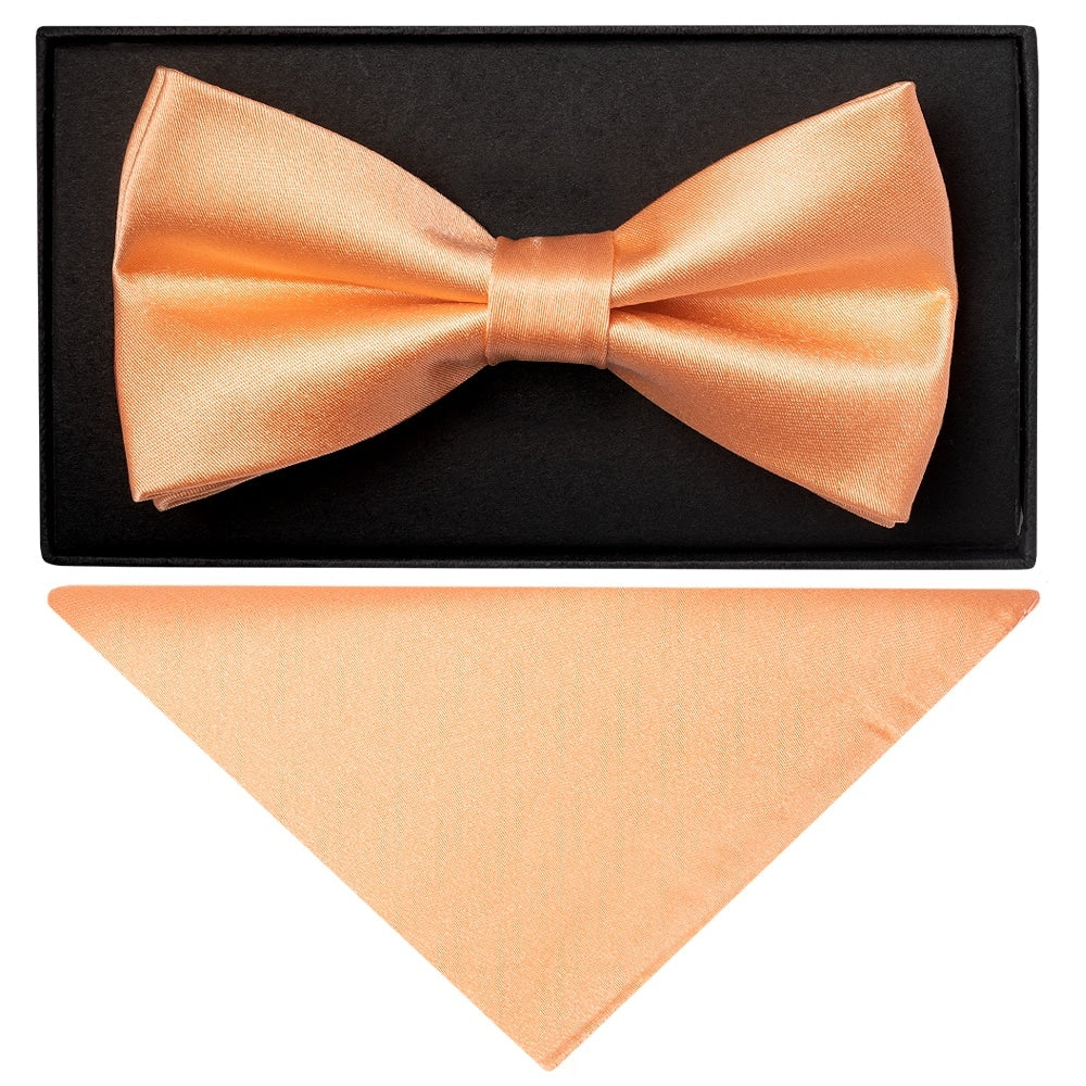 Plain Peach Satin Silk Mens Bow Tie And Pocket Square Set 1