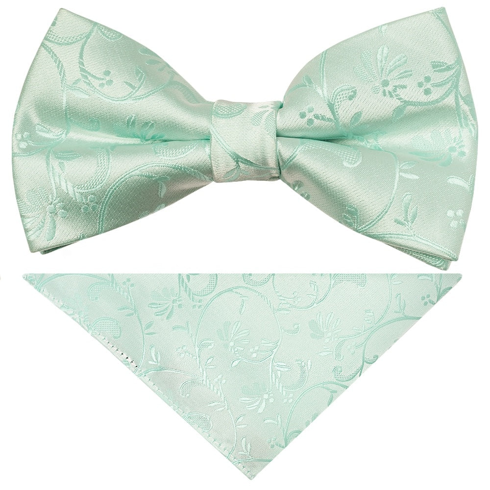 Pre Tied Mint Green Floral Boys Bow Tie And Pocket Square Set 1
