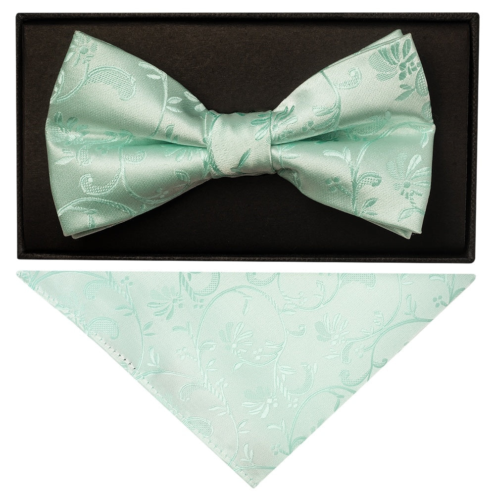 Mint Green Floral Handmade Mens Bow Tie And Pocket Square Set 1