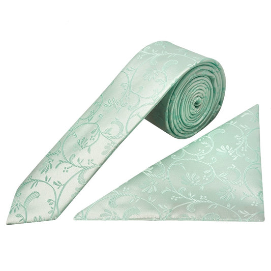 Mint Green Floral Skinny Boys Tie And Pocket Square Set 1
