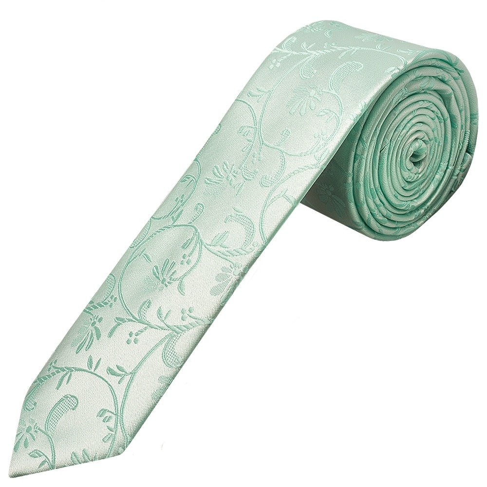 Mint Green Floral Skinny Boys Tie And Pocket Square Set 3
