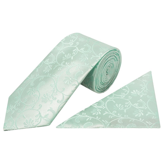 Mint Green Floral Classic Mens Tie And Pocket Square Set 1