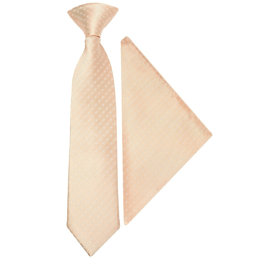 Pre Tied Peach And White Polka Dot Boys Tie And Pocket Square Set Age 4 7 1