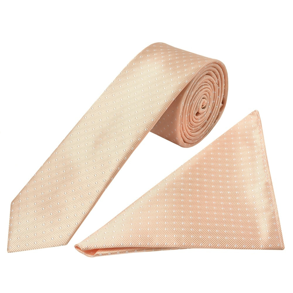 Peach And White Polka Dot Skinny Boys Tie And Pocket Square Set 1