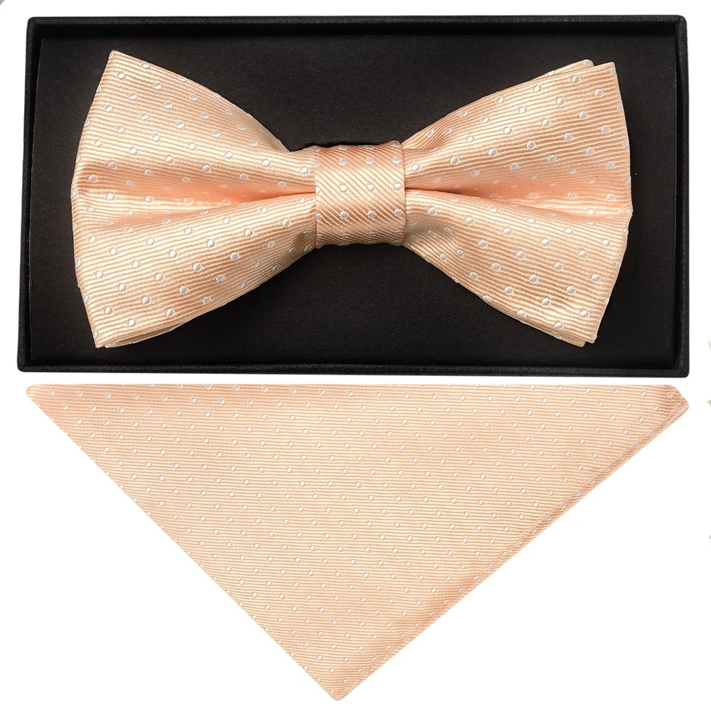Handmade Peach And White Polka Dot Mens Bow Tie And Pocket Square Set 1
