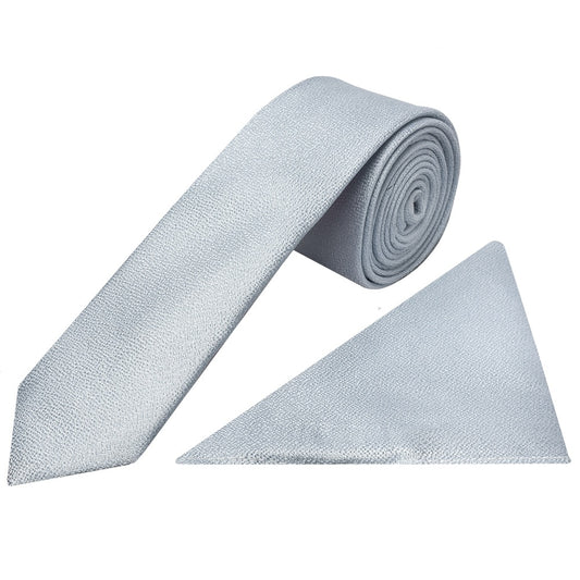 Plain Light Blue Textured Silk Skinny Boys Tie And Pocket Square Set 1