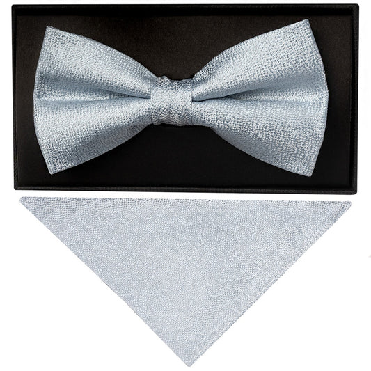 Plain Light Blue Textured Silk Mens Bow Tie And Pocket Square Set 1