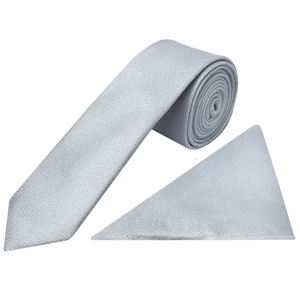 Plain Light Blue Textured Silk Skinny Mens Tie And Pocket Square Set 1
