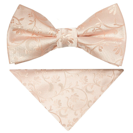 Pre Tied Light Peach Floral Boys Bow Tie And Pocket Square Set 1