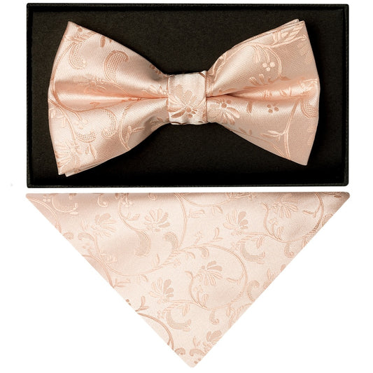 Light Peach Floral Handmade Mens Bow Tie and Pocket Square Set