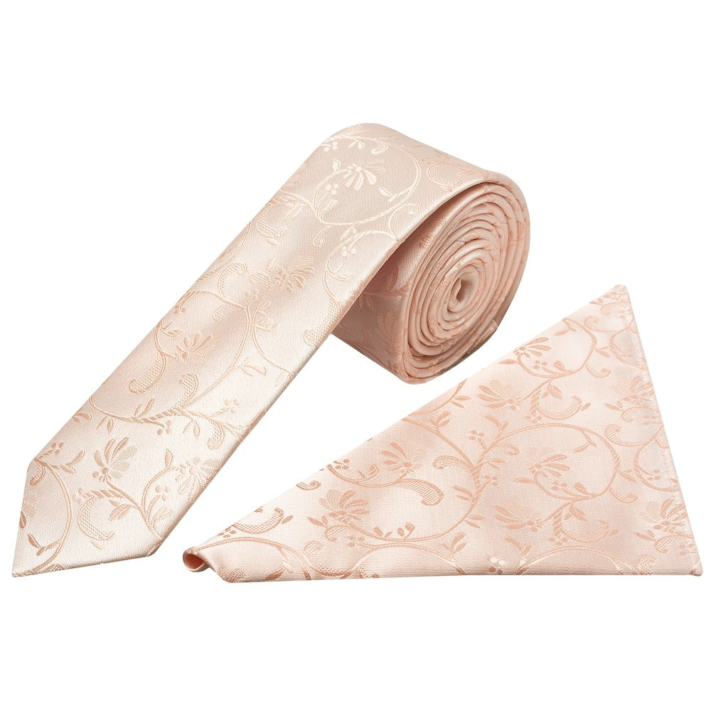 Light Peach Floral Skinny Boys Tie and Pocket Square Set