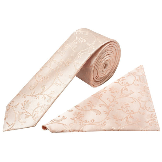 Light Peach Floral Skinny Boys Tie And Pocket Square Set 1