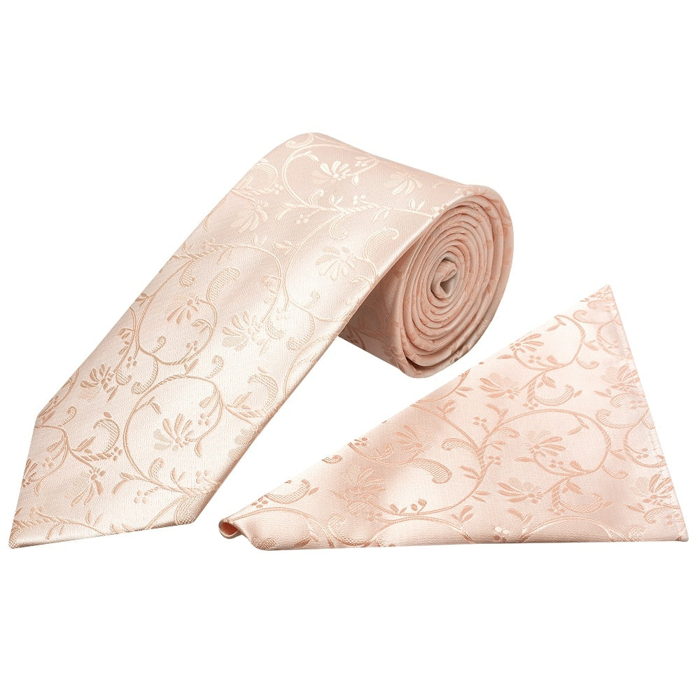 Light Peach Floral Classic Mens Tie And Pocket Square Set 1