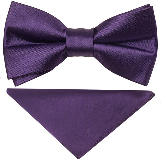 Pre Tied Purple Satin Boys Bow Tie And Pocket Square Age 4 7 1