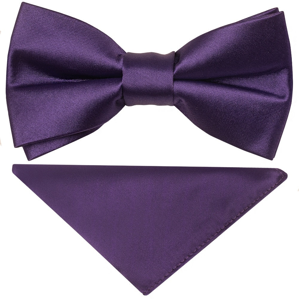 Pre Tied Purple Satin Boys Bow Tie And Pocket Square Set 1