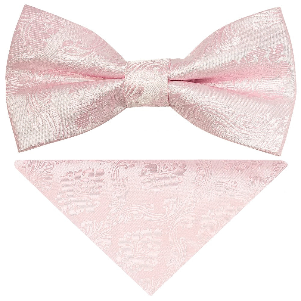 Pre Tied Blush Pink Paisley Boys Bow Tie And Pocket Square Set 1