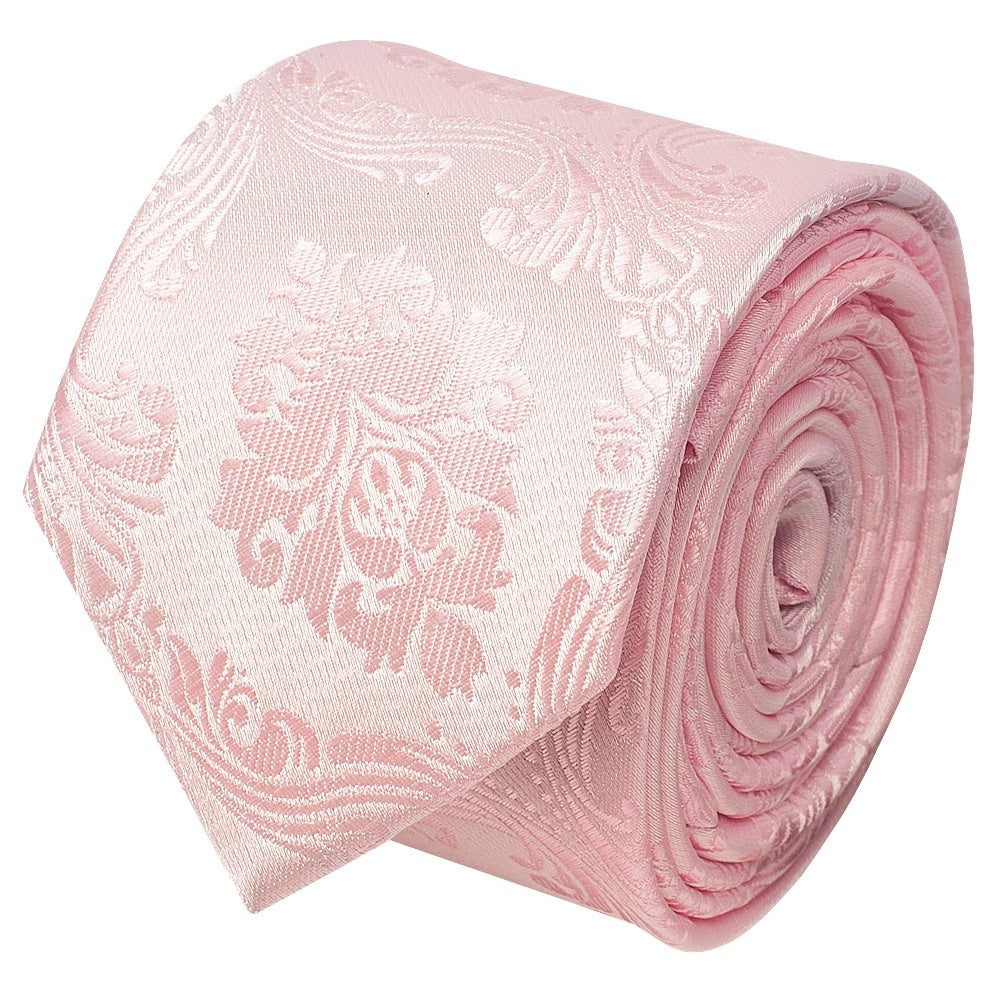 Blush Pink Paisley Skinny Mens Tie And Pocket Square Set 3