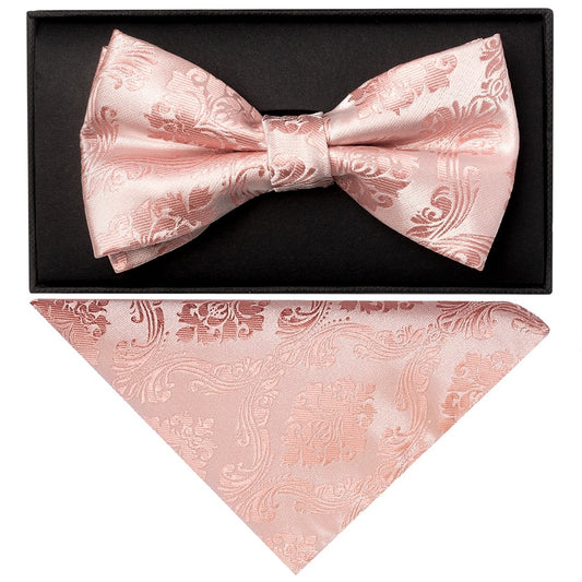 Rose Quartz Paisley Handmade Mens Bow Tie And Pocket Square Set 1