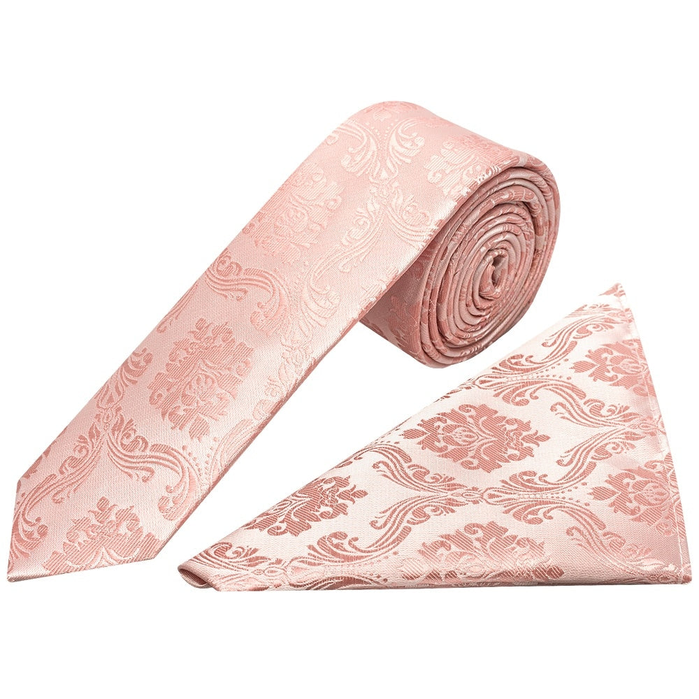 Rose Quartz Paisley Skinny Mens Tie And Pocket Square Set 1
