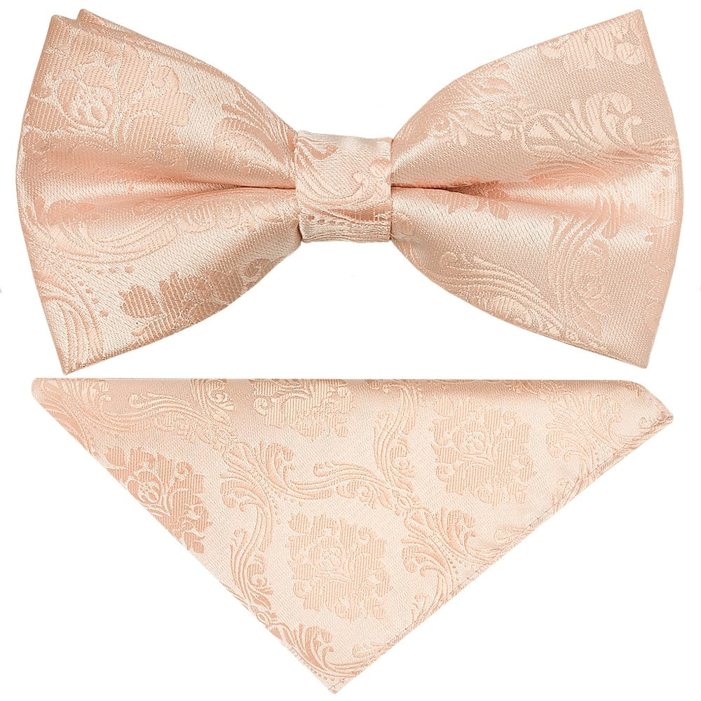 Pre Tied Light Peach Paisley Boys Bow Tie And Pocket Square Set 1