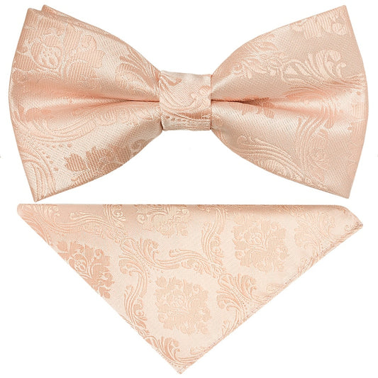 Pre Tied Light Peach Paisley Boys Bow Tie And Pocket Square Set 1