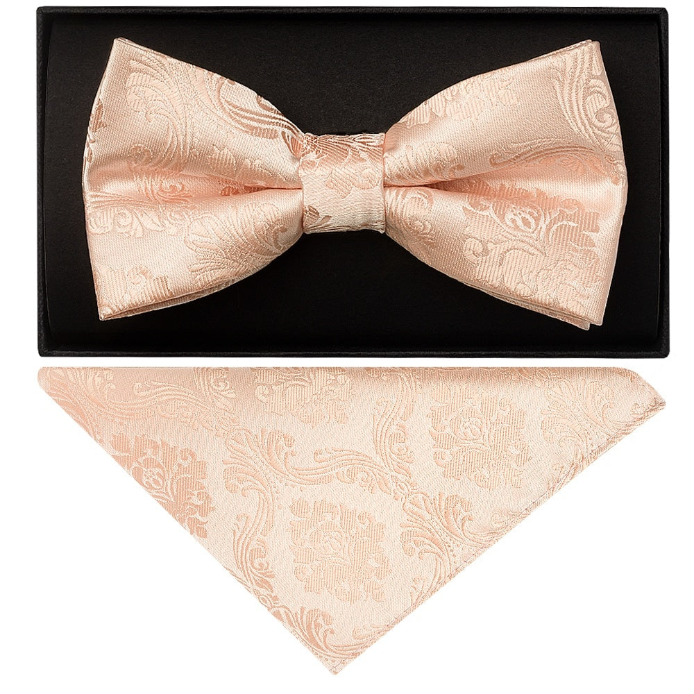 Light Peach Paisley Mens Bow Tie And Pocket Square Set 1