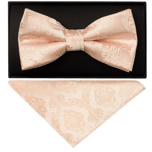 Light Peach Paisley Mens Bow Tie And Pocket Square Set 1
