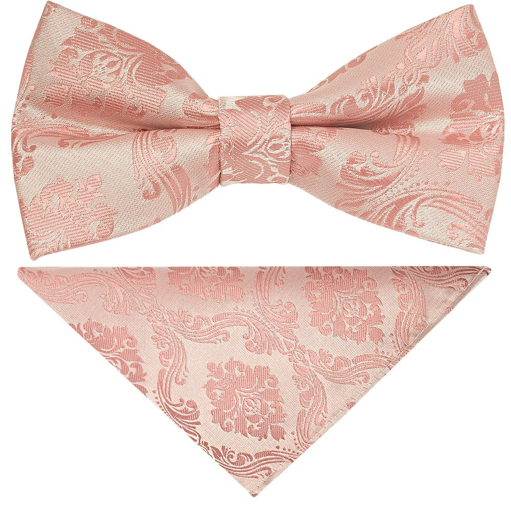 Pre Tied Rose Gold Paisley Boys Bow Tie And Pocket Square Set Age 4 7 1
