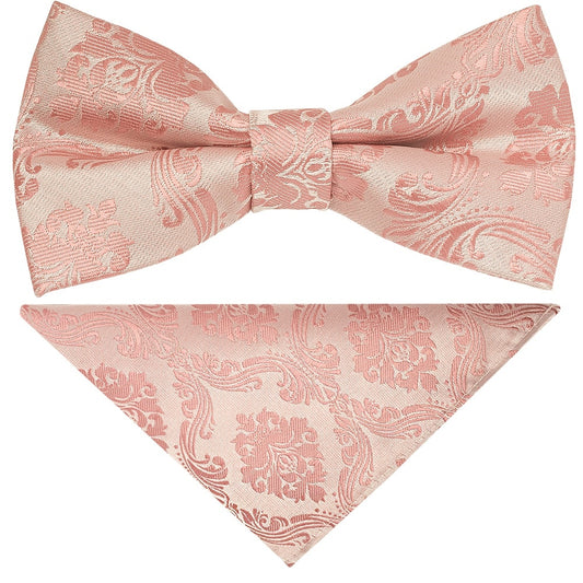Pre Tied Rose Gold Paisley Boys Bow Tie And Pocket Square Set 1