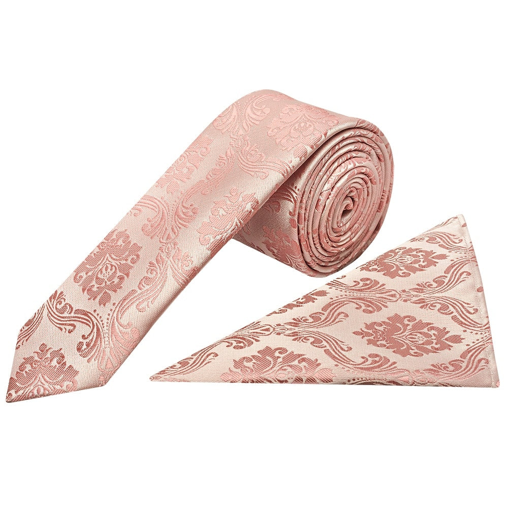 Rose Gold Paisley Skinny Boys Tie And Pocket Square Set 1