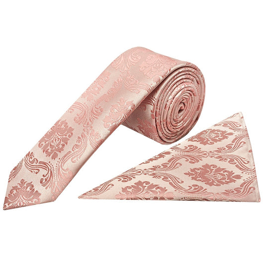Rose Gold Paisley Skinny Boys Tie And Pocket Square Set 1