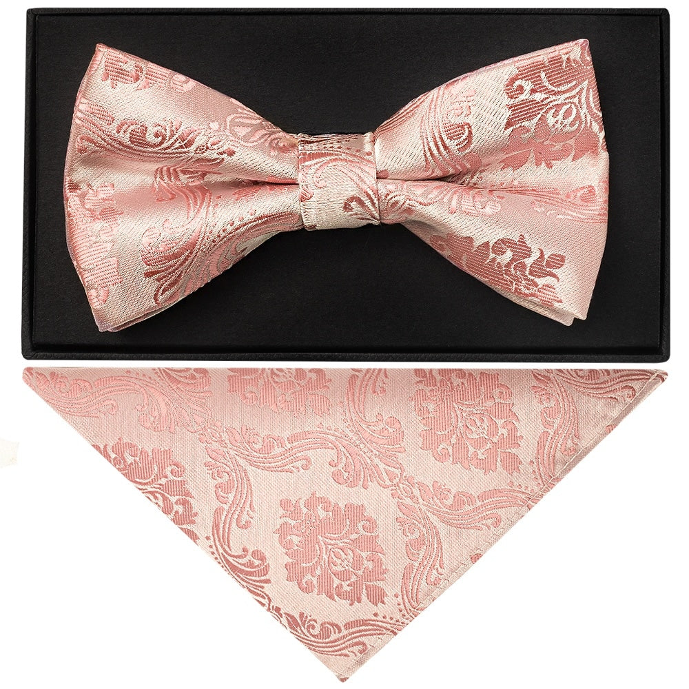 Rose Gold Paisley Handmade Mens Bow Tie And Pocket Square Set 1