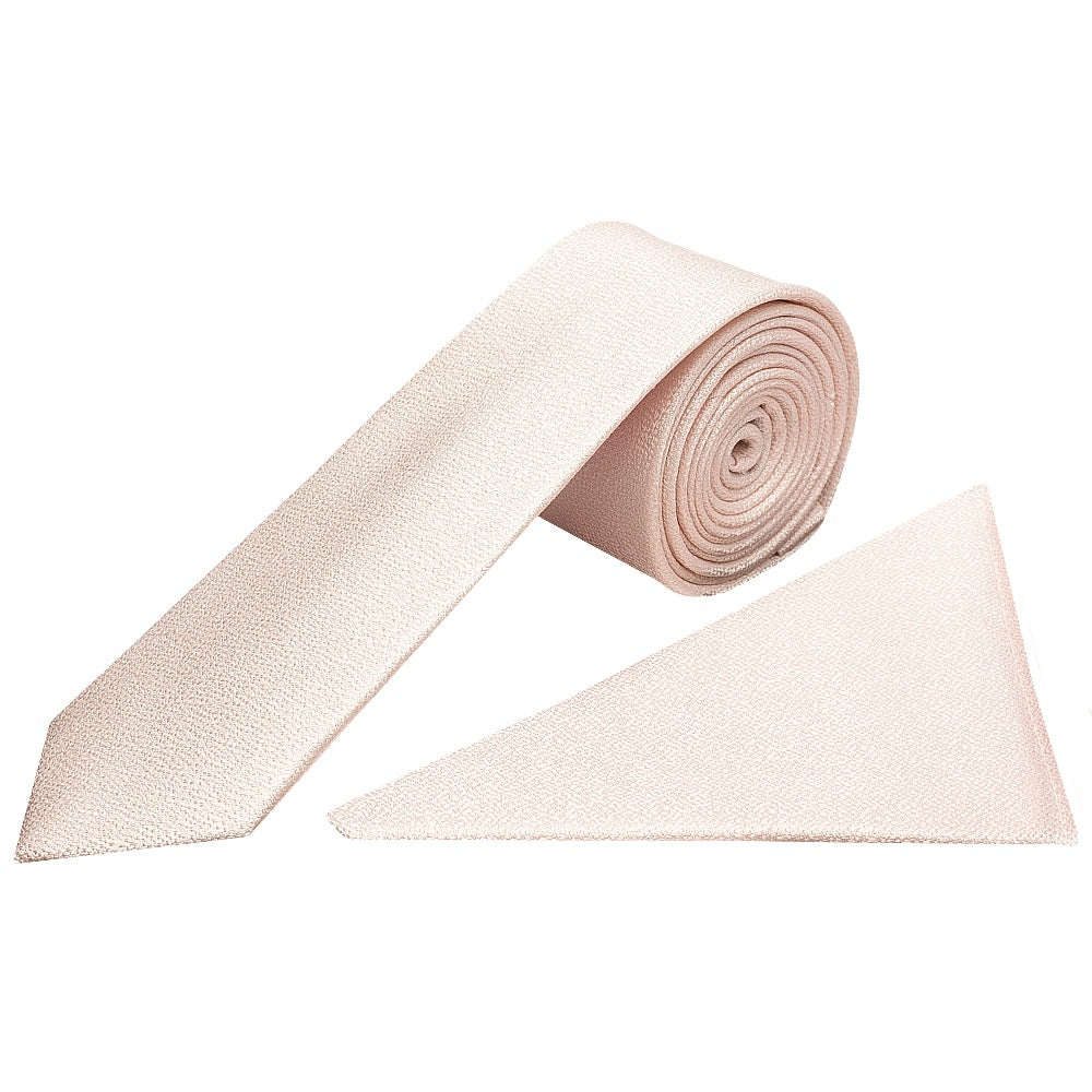 Blush Pink Textured Silk Skinny Mens Tie And Pocket Square Set 1