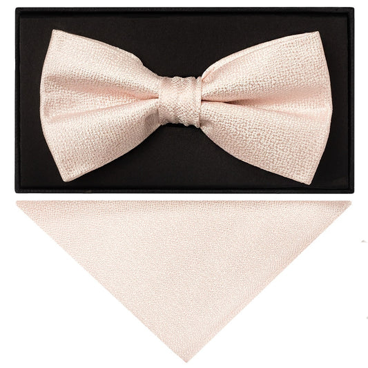 Blush Pink Textured Silk Mens Bow Tie And Pocket Square Set 1