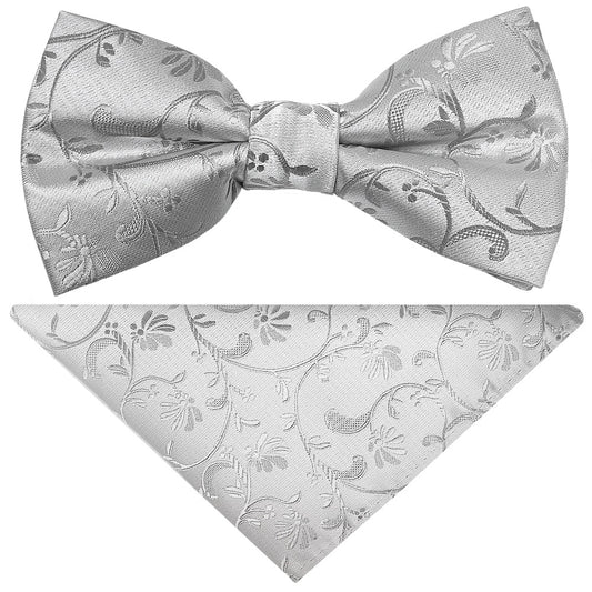 Pre Tied Silver Floral Boys Bow Tie And Pocket Square Set Age 4 7 1