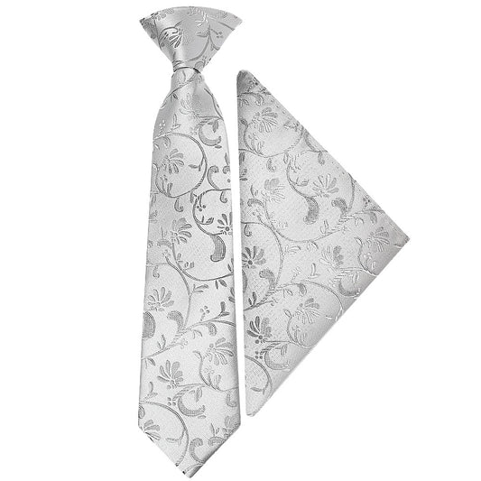 Pre Tied Silver Floral Boys Tie And Pocket Square Set Age 4 7 1