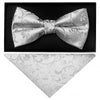 Silver Floral Handmade Mens Bow Tie and Pocket Square Set