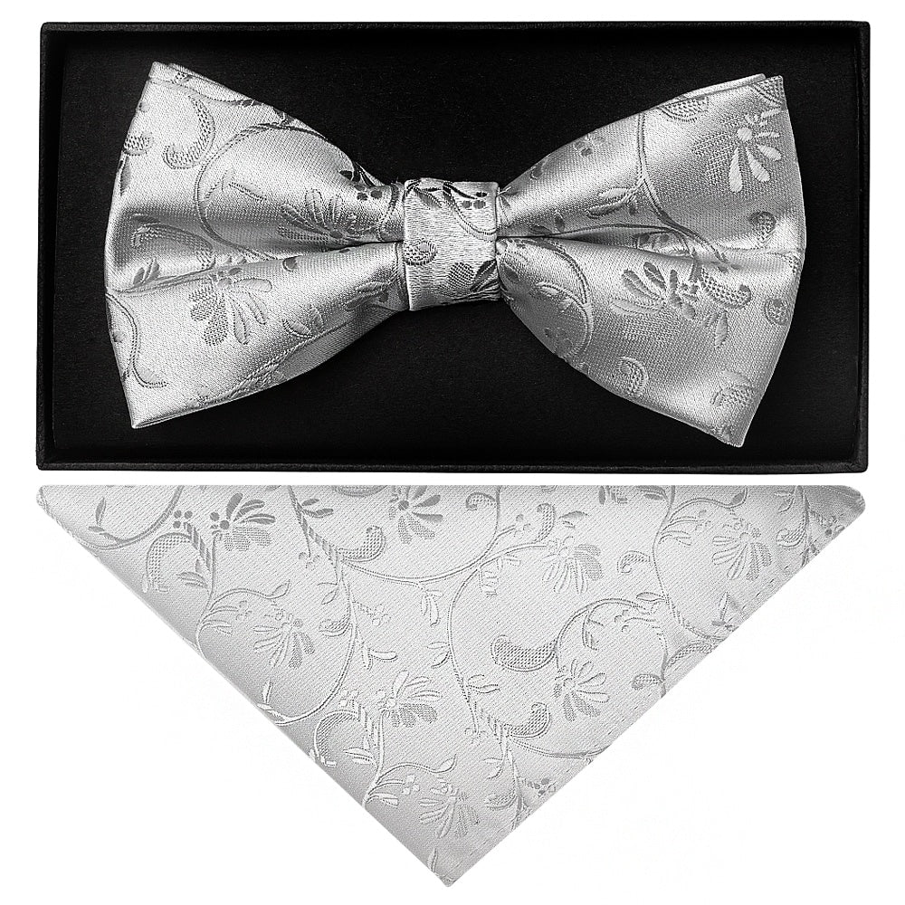 Silver Floral Handmade Mens Bow Tie And Pocket Square Set 1