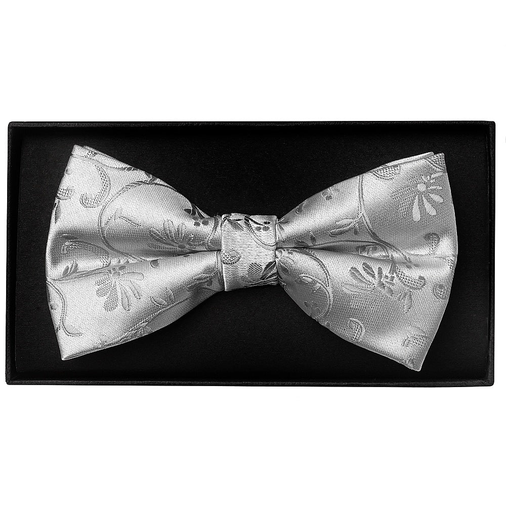 Silver Floral Handmade Mens Bow Tie And Pocket Square Set 2