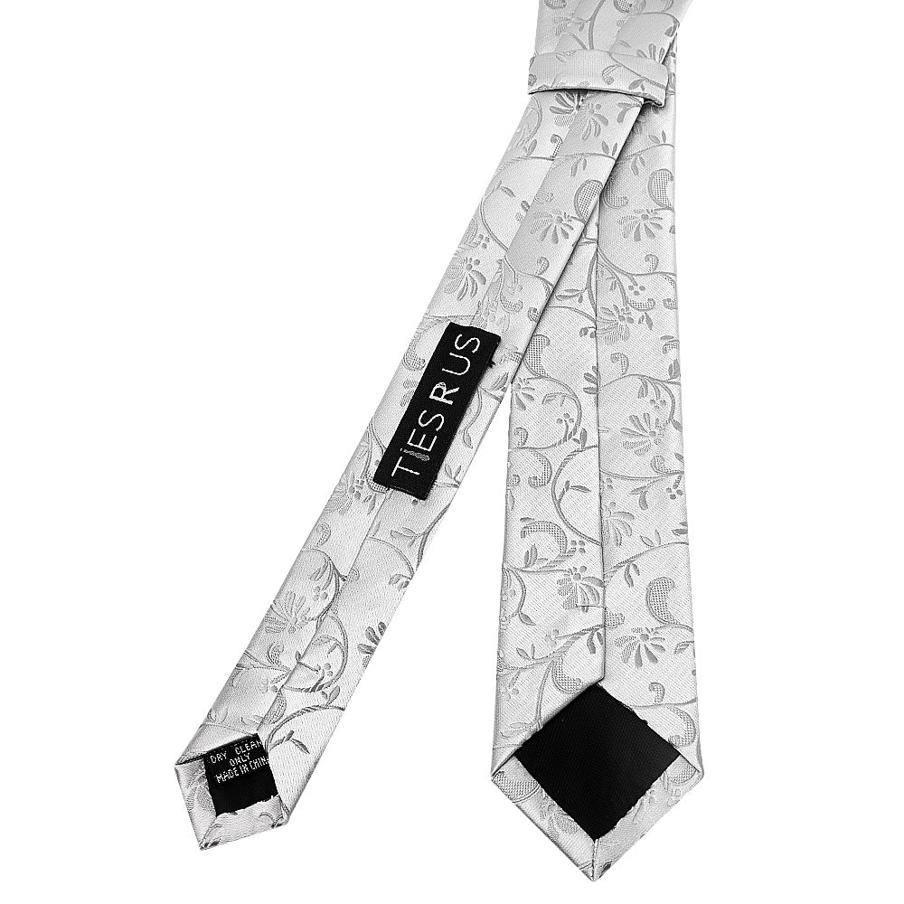 Silver Floral Skinny Boys Tie And Pocket Square Set 4