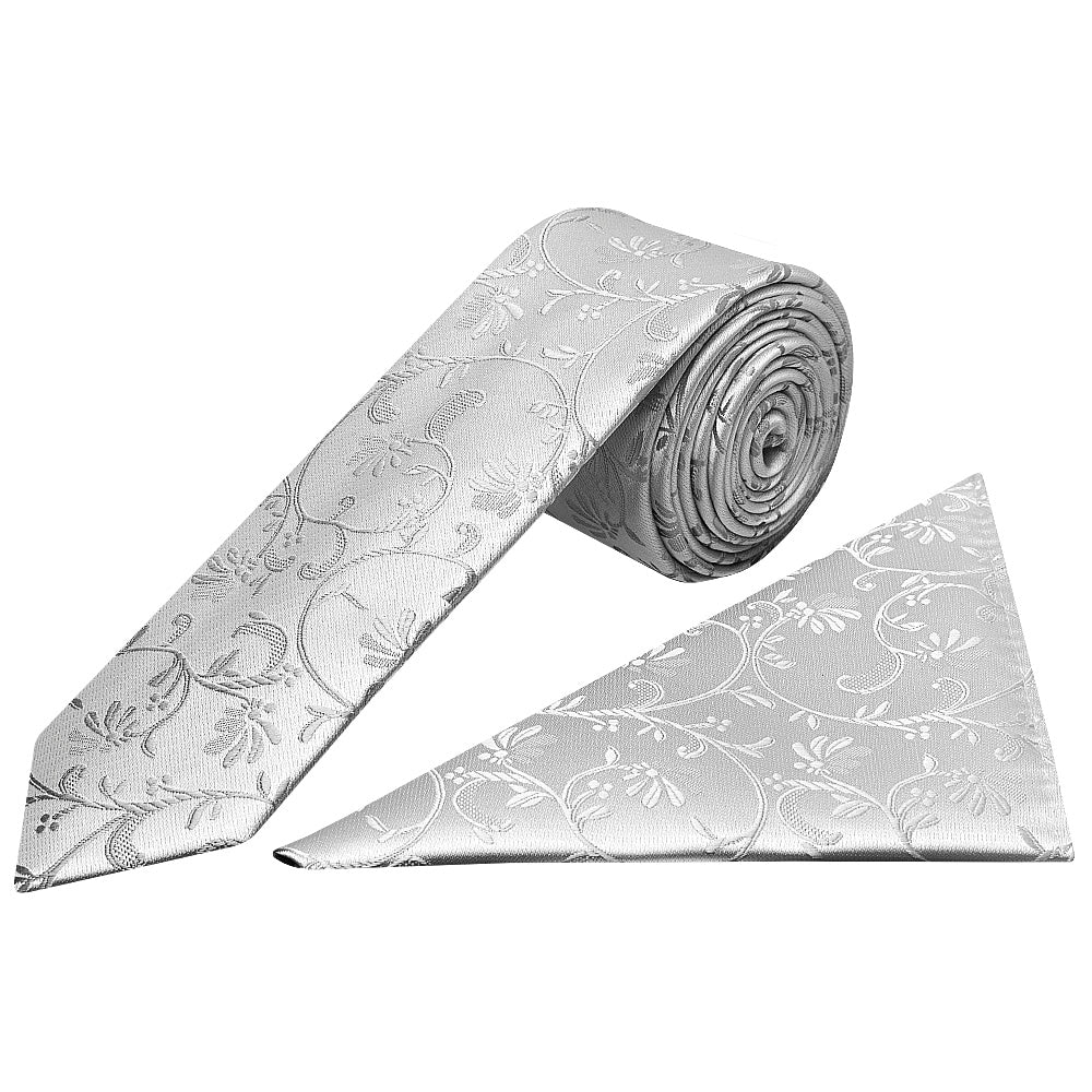 Silver Floral Skinny Mens Tie And Pocket Square Set 1