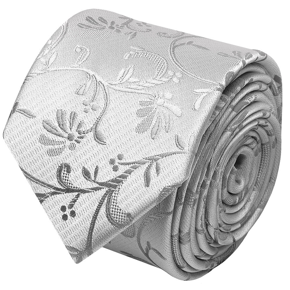 Silver Floral Skinny Mens Tie And Pocket Square Set 3
