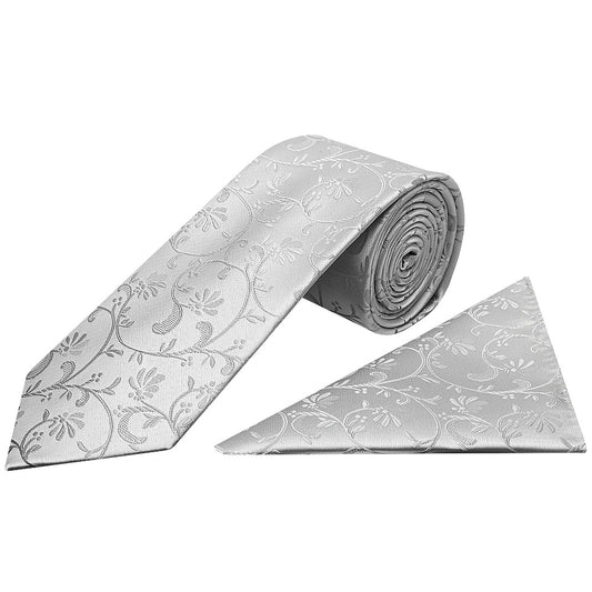 Silver Floral Classic Mens Tie And Pocket Square Set 1
